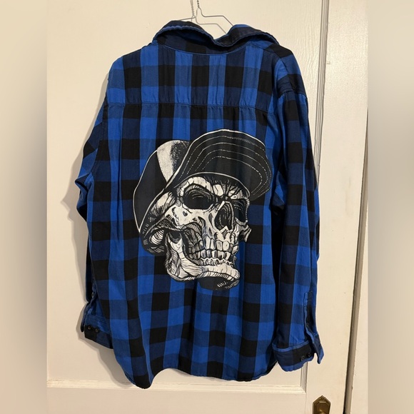 Hot Leathers Mens XXL Blue Flannel Heavyweight Shirt Buffalo Plaid Skull - Picture 4 of 4